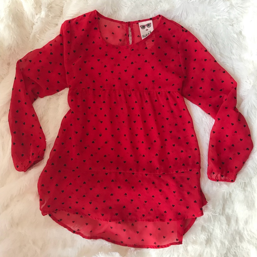 Girls red hi-lo long sleeve w velvet hearts♥️